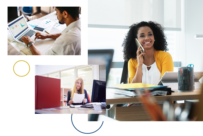 Collage of 3 images with a person on a phone, another working on a laptop and another of a person reading