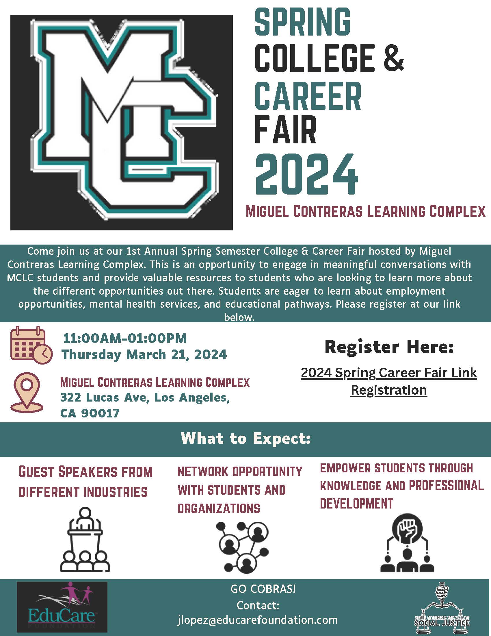 Spring College & Career Fair 2024 information held at Miguel Contreras Learning Complex