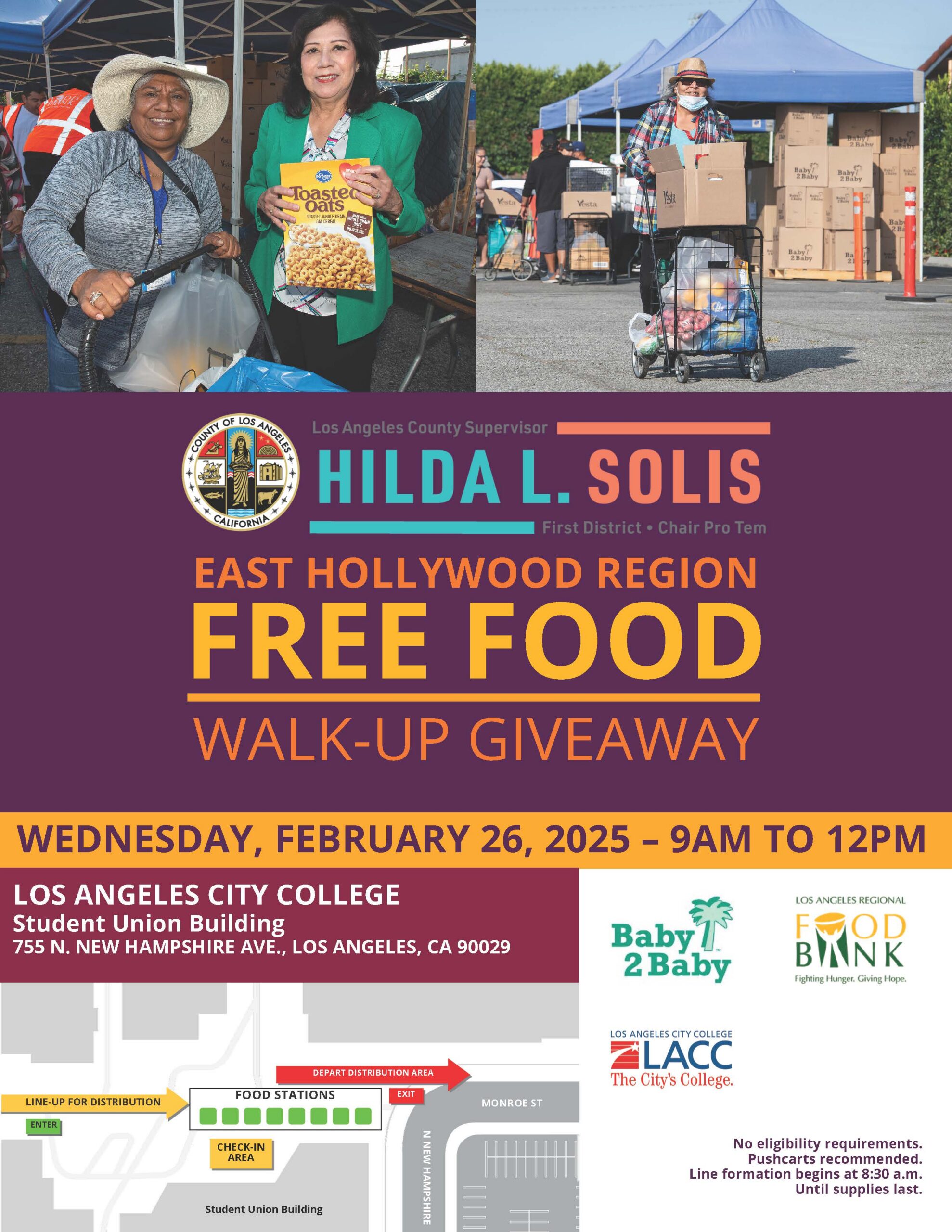 left side, two ladies smiling at camera, one is holding a pushcart, the other is holding a cereal box. Left side, lady is pushing a card full of food
