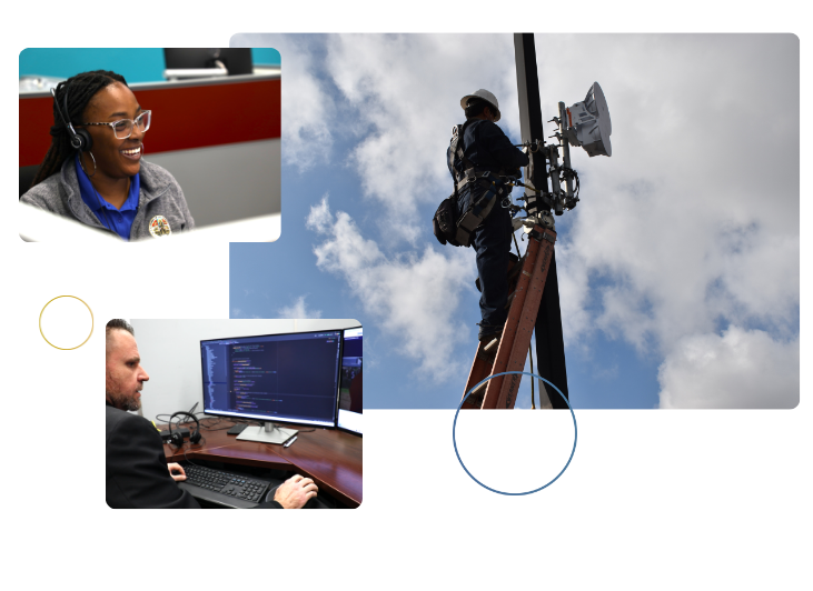 A collage showing a customer service representative, a field technician on a ladder working on an antenna, and a software developer coding at a computer.